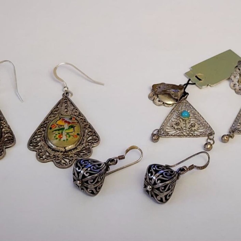 There Pairs Artisanal Hand Made Vintage Filigree Middle East Earrings, Preowned